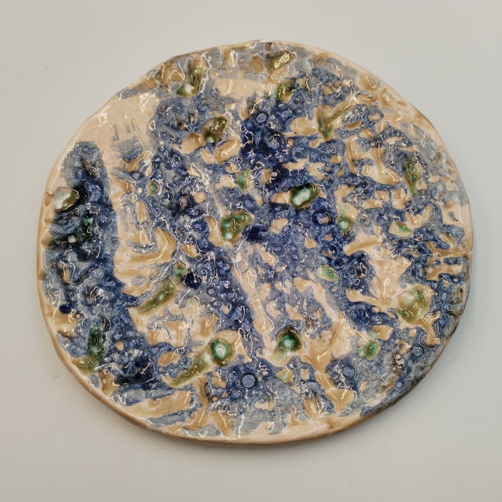 Vintage Studio Art Pottery Plate Abstract Blue & Green Crater Lava Glaze 7"